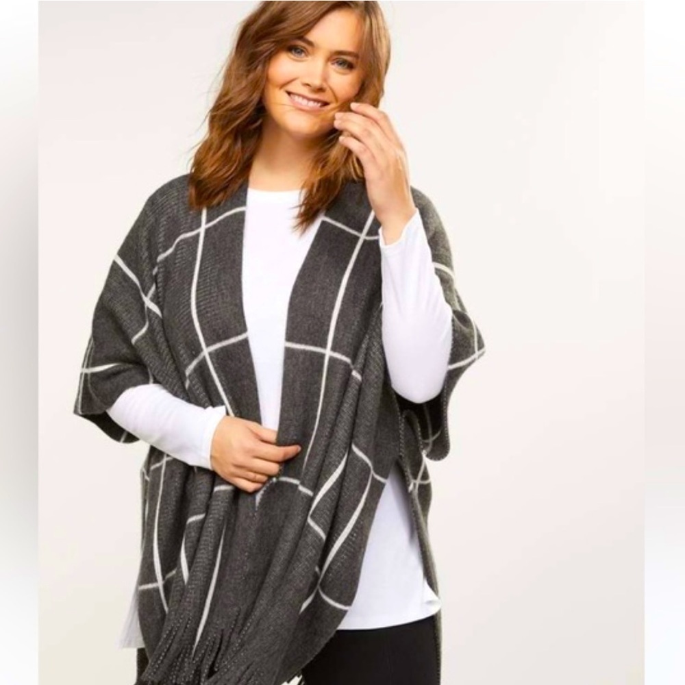 Lane Bryant BOHO WindowPane Plaid‎ Tassel Fringe Open Front Cardigan Sweater OS